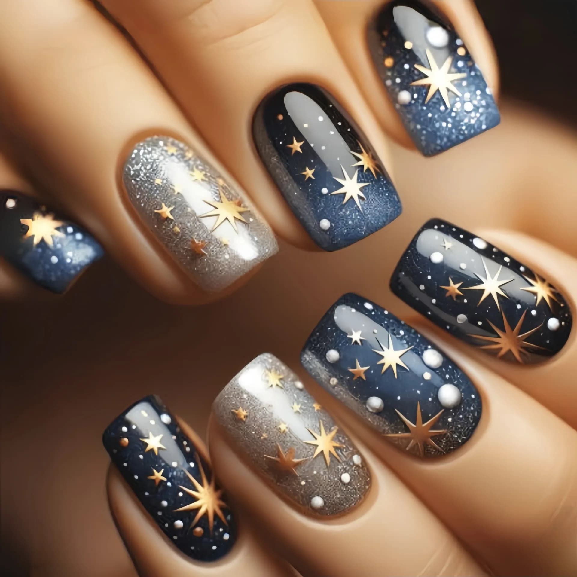 24 pièces/ensemble faux ongles mi-longs carrés ballet ongles conseils paillettes ciel étoilé lune ét