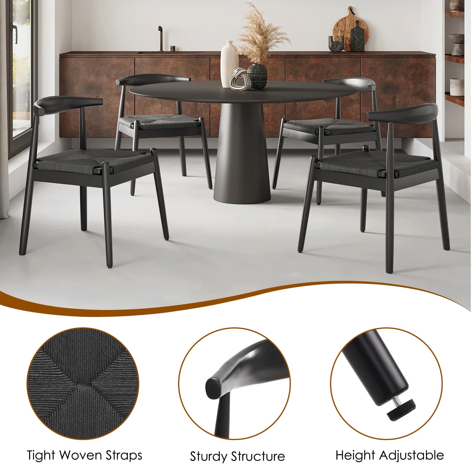 Ensemble de 2 chaises de salle à manger tissées, chaise de cuisine avec cadre en chêne massif et siè