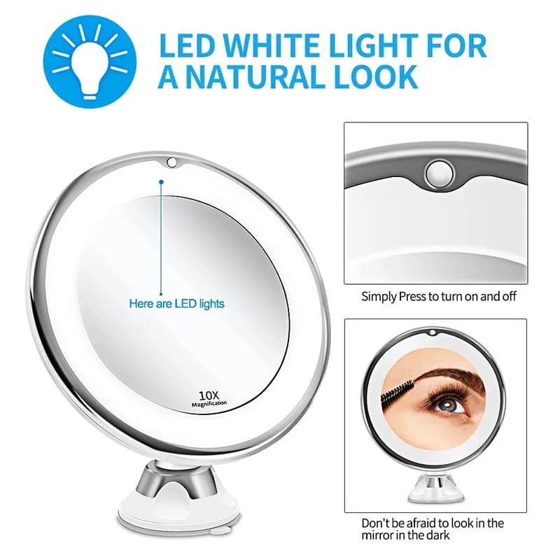 Miroir de vanité grossissant Flexible 10x avec lumières, éclairage à écran tactile, lampe de maquill