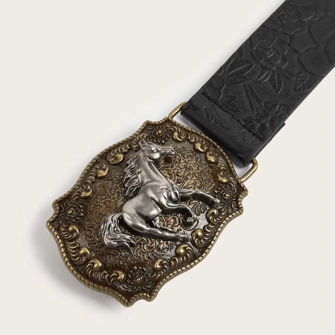 Ceinture en PU à motif de pivoine, boucle tête de cheval neutre, à la mode