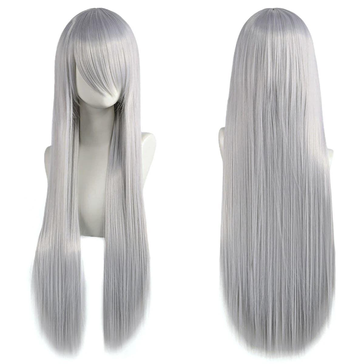 Perruques de Cosplay synthétiques blanches violettes de 80cm de Long, cheveux verts lisses argentés,