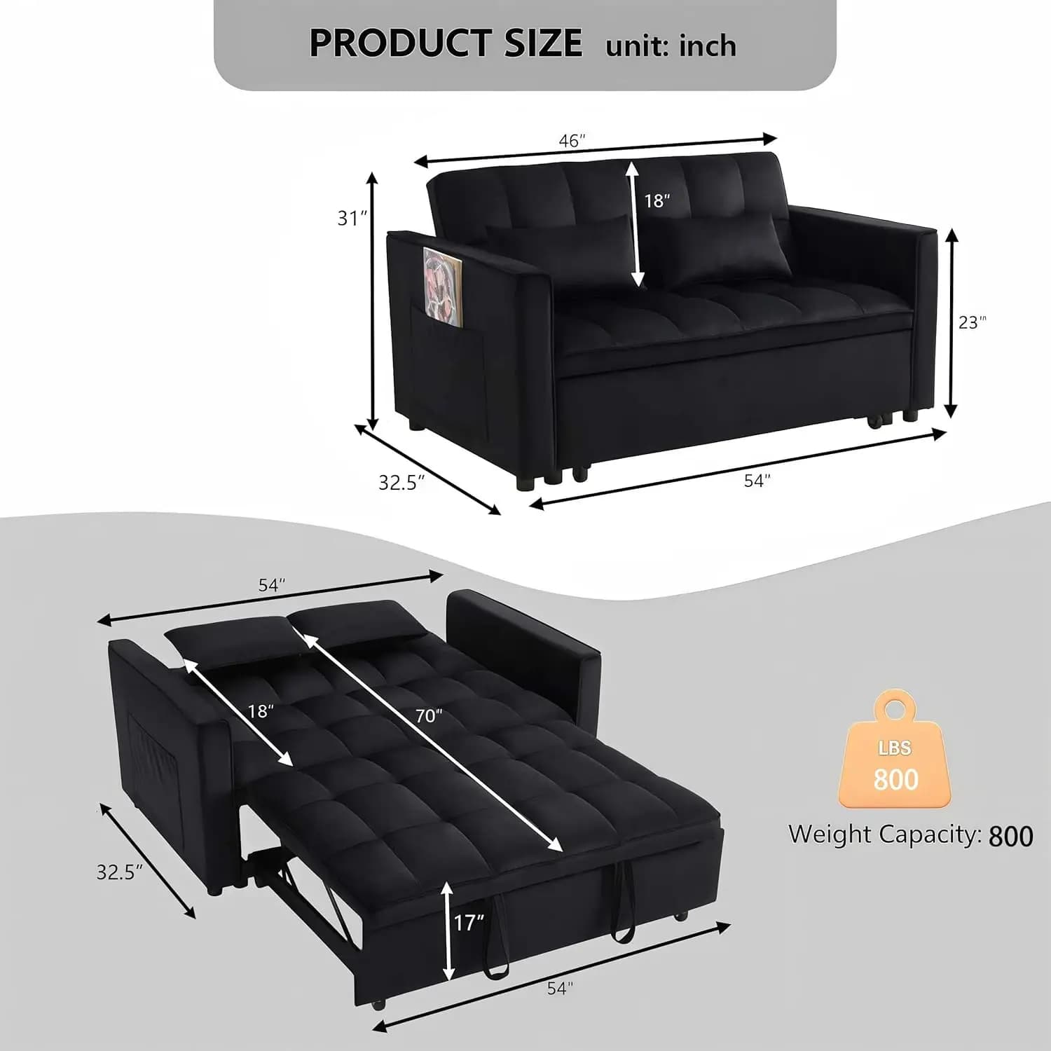 Canapé-lit Loveseat, canapé convertible 3 en 1, canapé-lit avec dossier réglable, canapé moderne rem