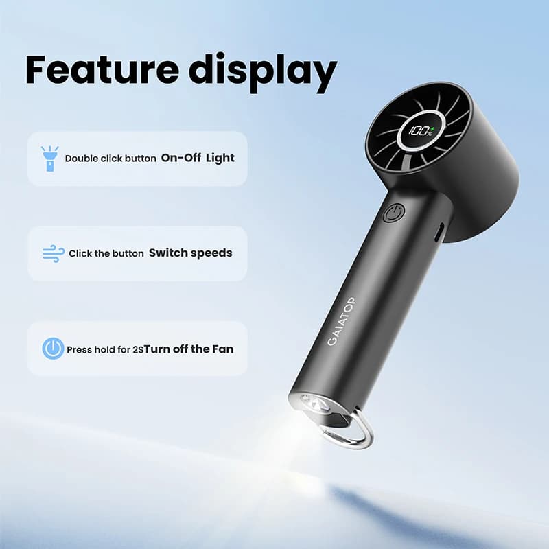 Mini ventilateur portable, ventilateur portable avec écran LED et lampe de poche, 3 vitesses 2000mah