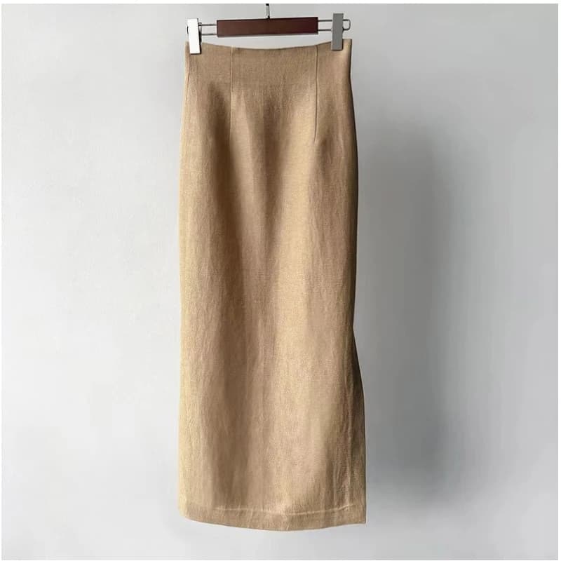 Jupe simple taille haute en lin et laine, atmosphère artistique espagnole, ourlet texturé, fente lat