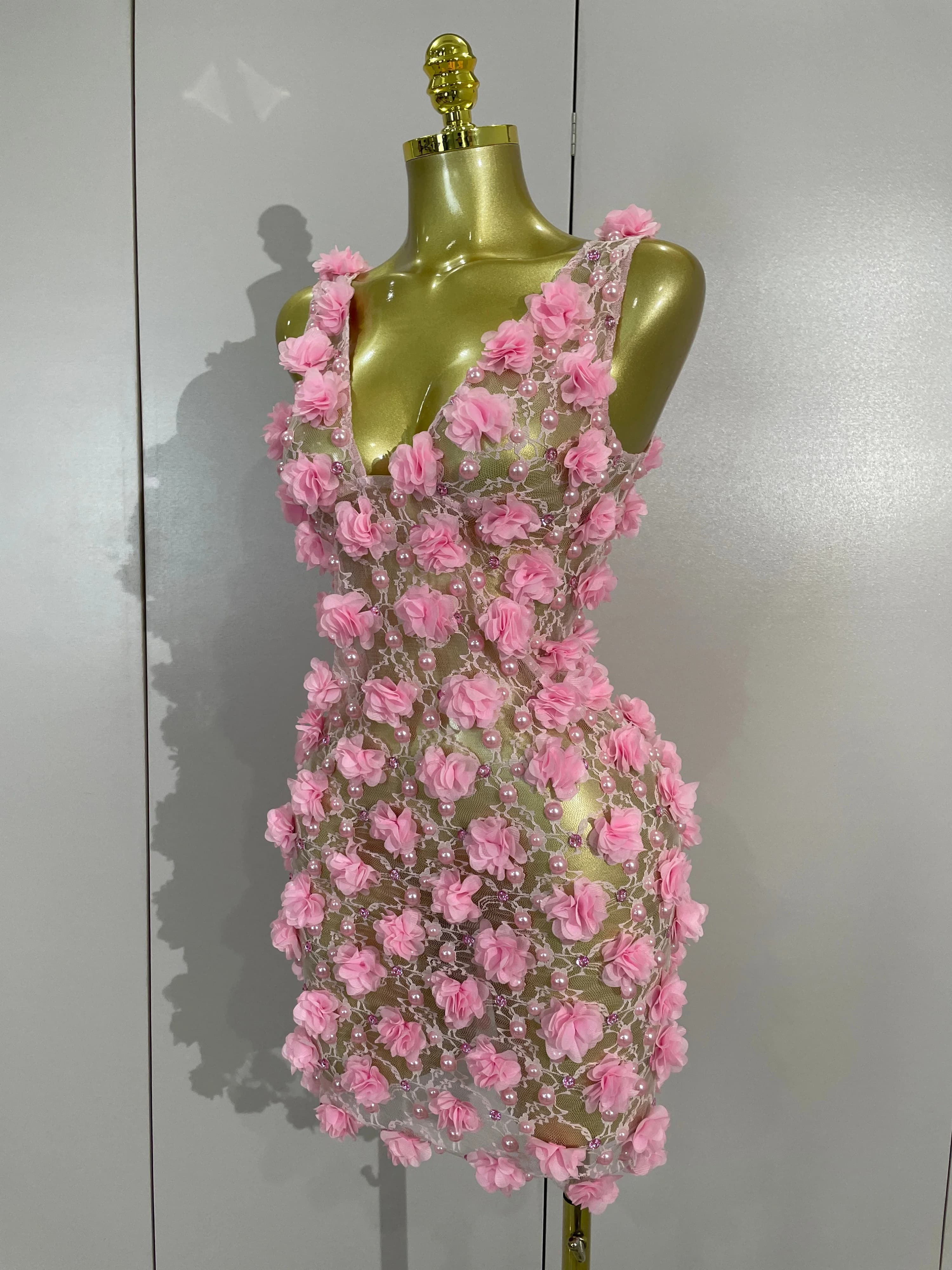 Robe de soirée pour femmes, robe de club, robe d'anniversaire, robe rose à fleurs en perles, robe en