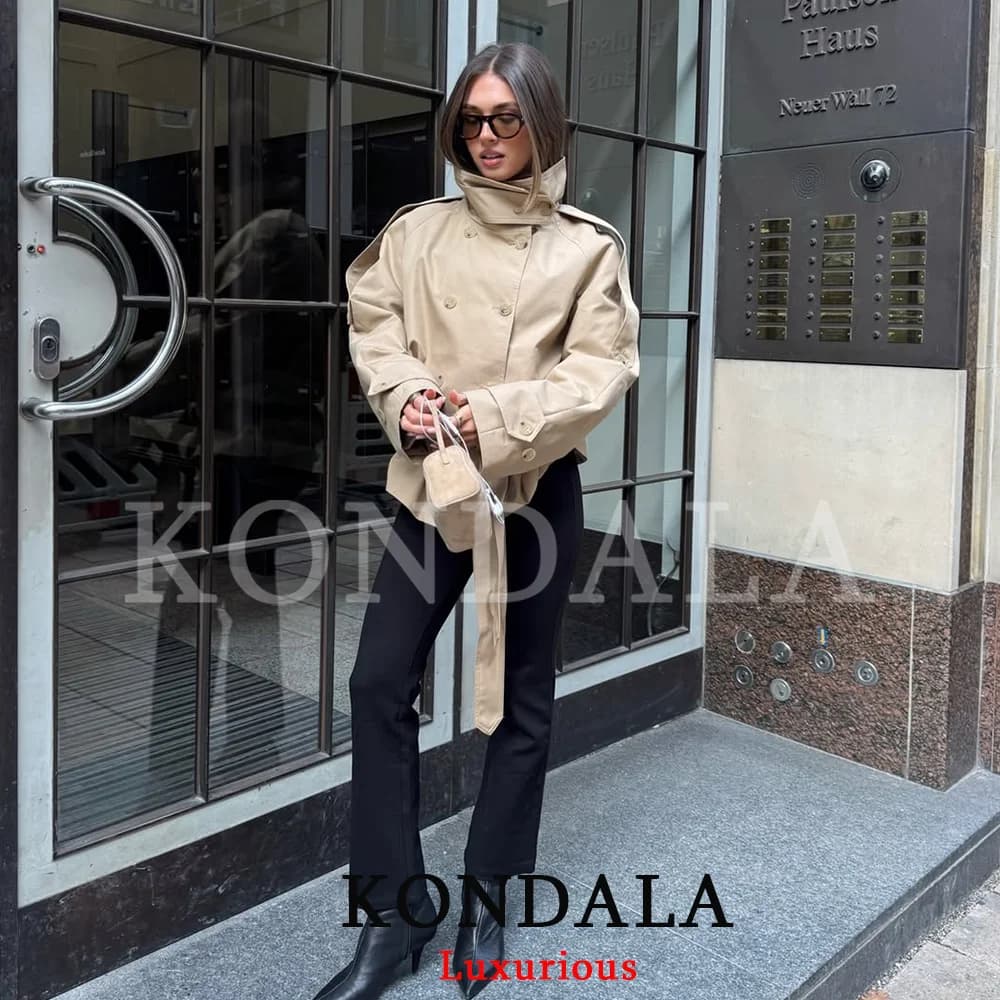 KONDALA Manteau Trench Chic Vintage pour Femme, Kaki Uni, Col Montant, Double Boutonnage, Ceinture à