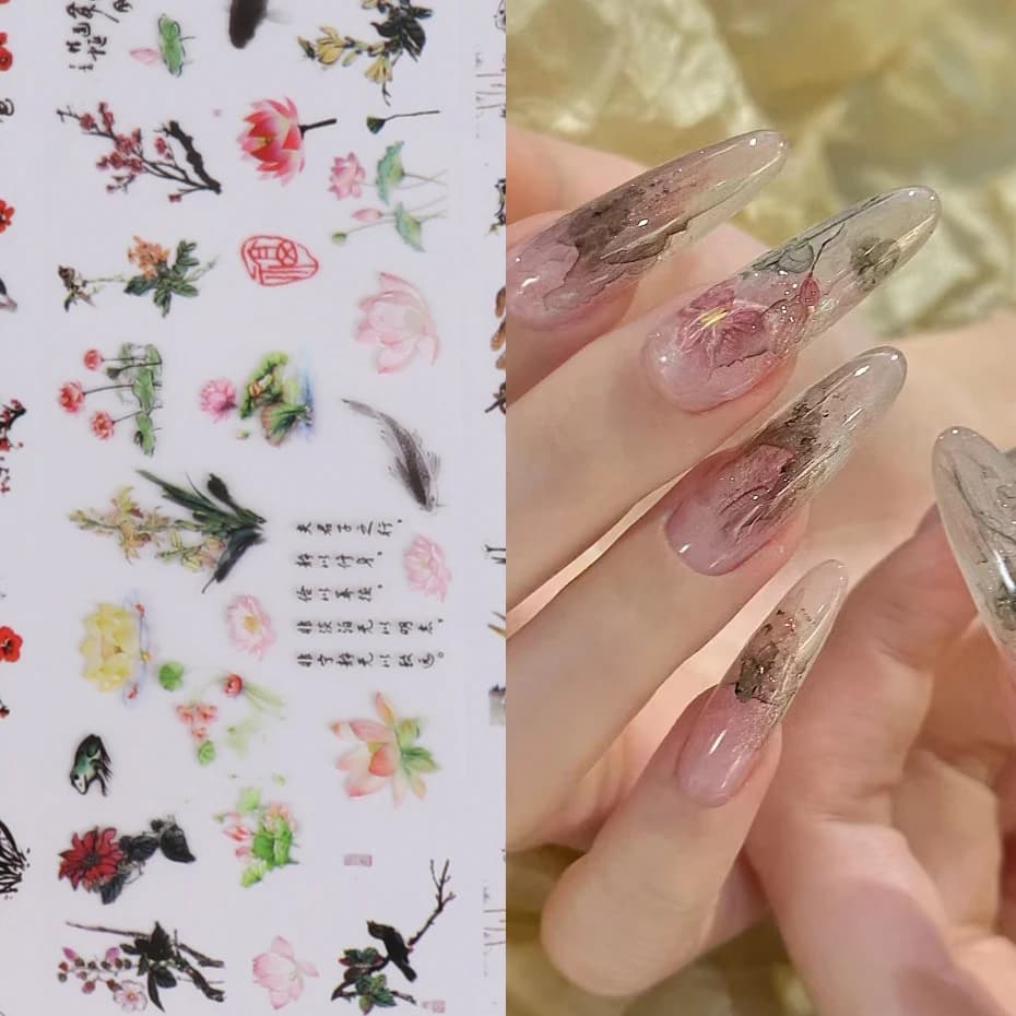 10 pièces feuilles à ongles caractère chinois grue bambou poisson fleur prune autocollant curseur tr