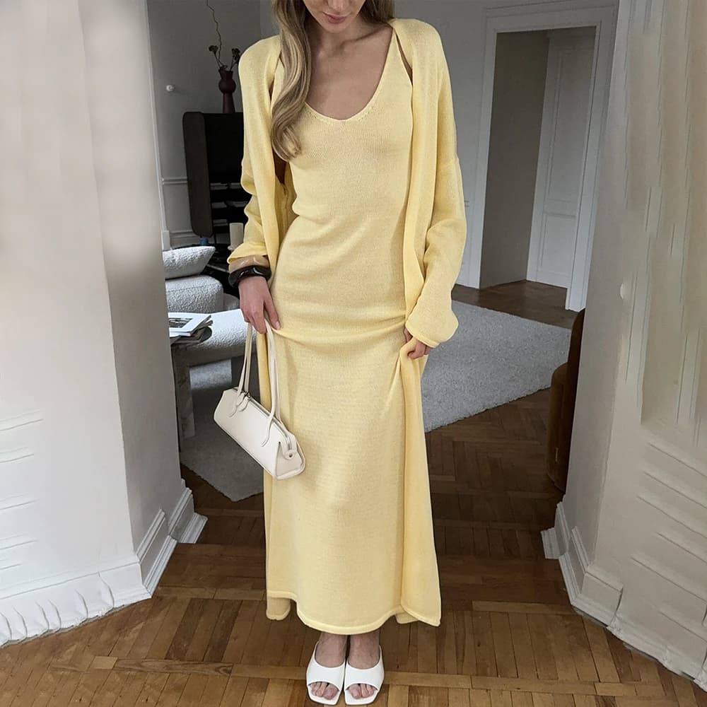 Tuularose femmes robe longue 2 pièces solide tricoté Spaghetti sangle robe à manches longues Cardiga