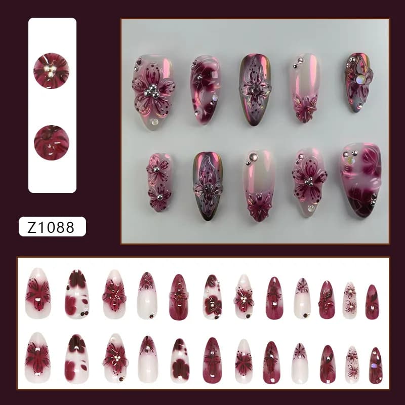 24 pièces fleur impression presse sur ongles vin rouge Blush amande faux ongles conseils portable ré