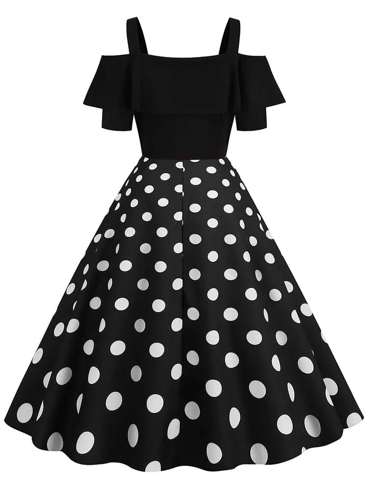 Robe de soirée Vintage élégante pour femmes, épaules dénudées, à pois, à volants, ligne A, robes mi-