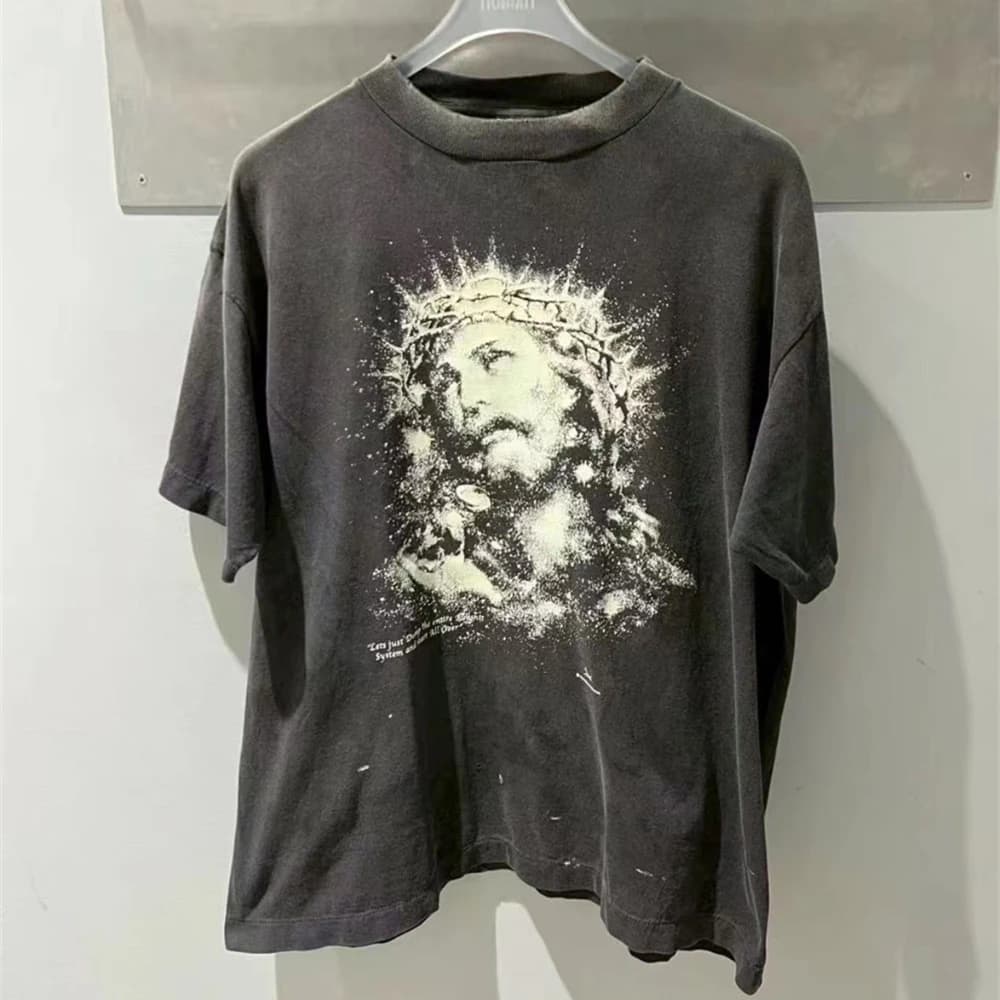 Saint jésus veilleuse Destruction en détresse imprimé à manches courtes T-shirt hommes femmes T peti