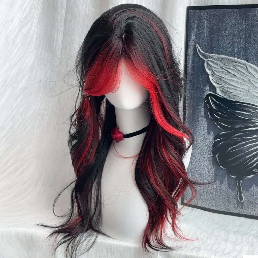 Perruque Synthétique Longue Ondulée Noire Ombrée Rouge pour Femme, Style Lolita Moelleux, Cosplay, P