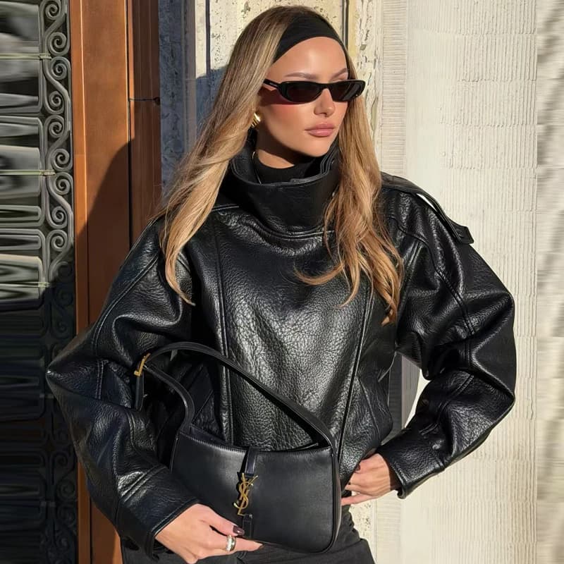 HXAO Faux cuir noir vestes pour femme nouveauté recadrée surdimensionné Bomber veste fermeture éclai