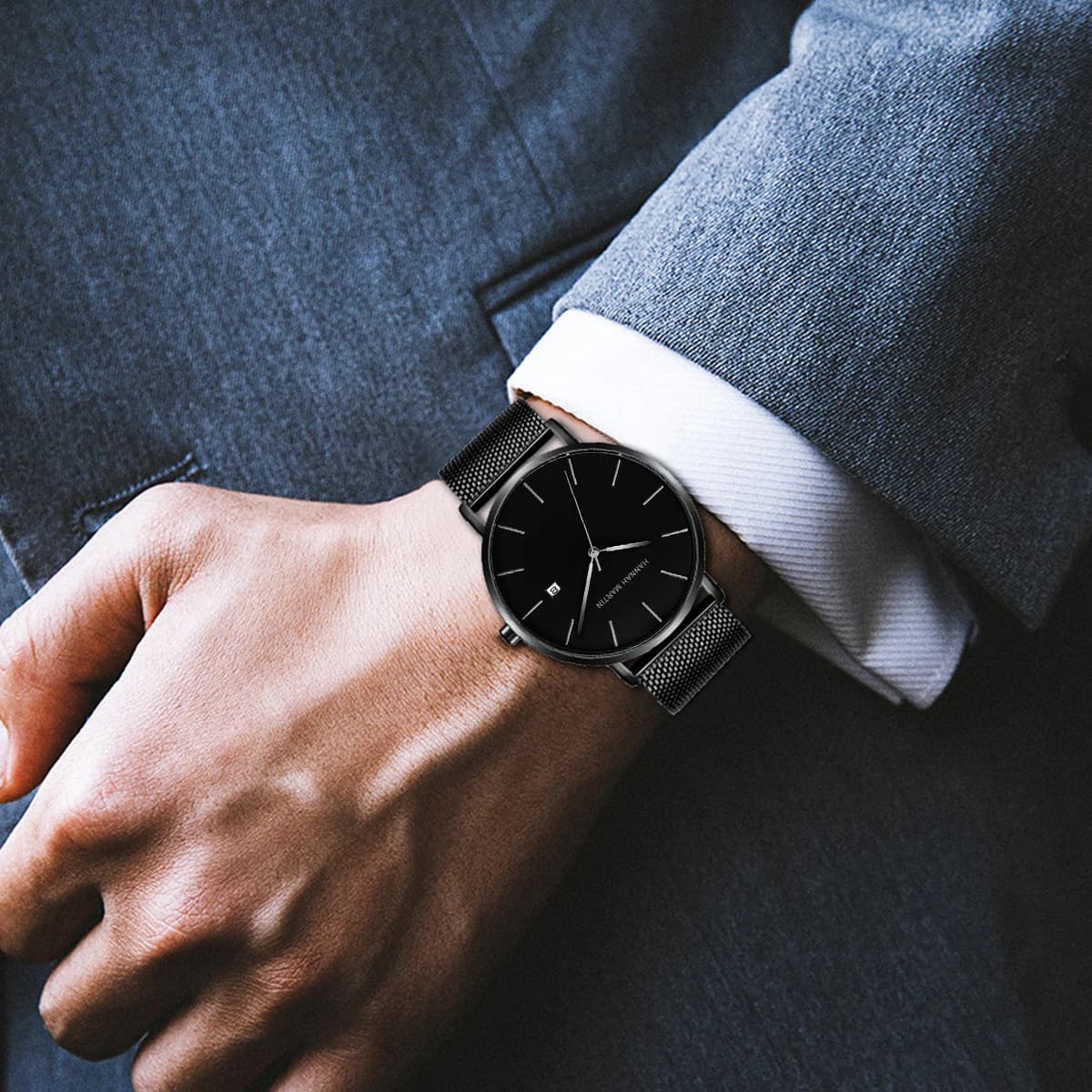 Classique Bauhaus Design hommes montre bleu foncé japon Quartz étanche en acier inoxydable mode affa
