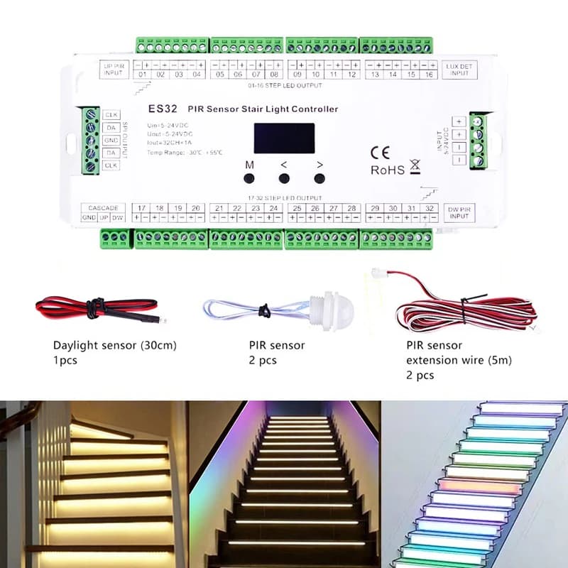 ES32 escaliers contrôleur de lumière LED capteur PIR 32CH couleur unique 2CH RGB Pixel SPI LED bande