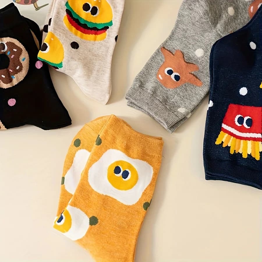 5 paires de chaussettes pour enfants de couleurs mélangées avec des motifs de hamburger et de frites