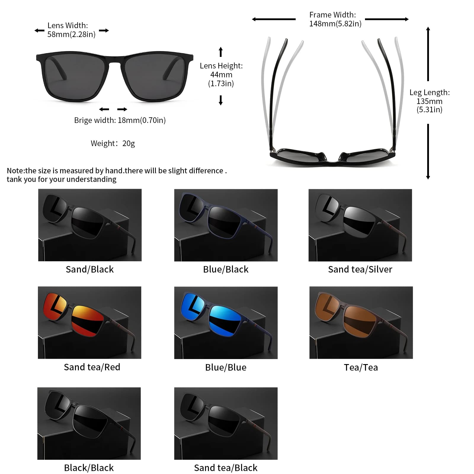Lunettes de soleil carrées classiques à la mode – Monture légère avec branches à rayures rouges/vert