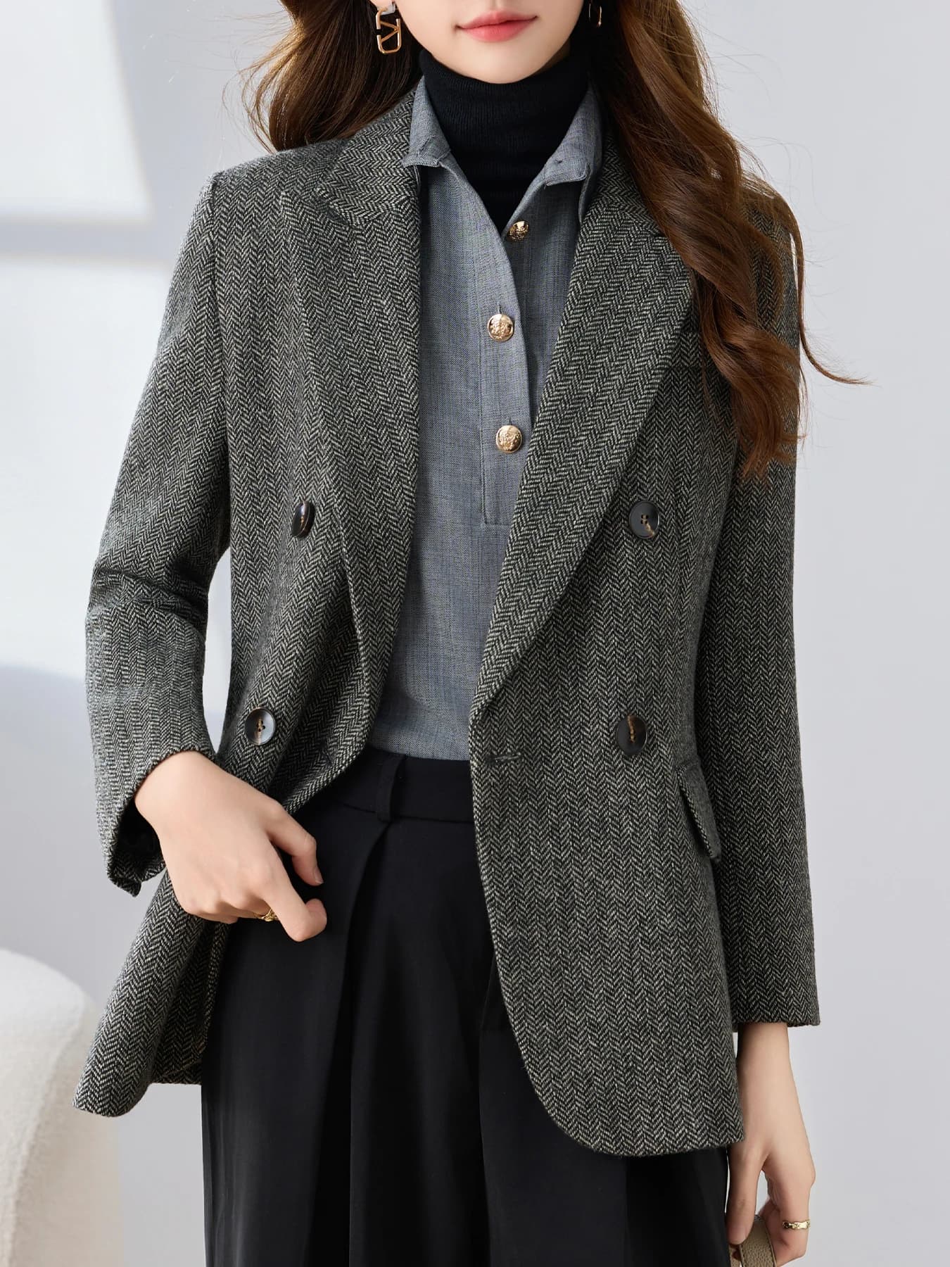 Blazer pied-de-poule à revers, Double boutonnage, avec ourlet fendu, Design élégant, couleur unie, h