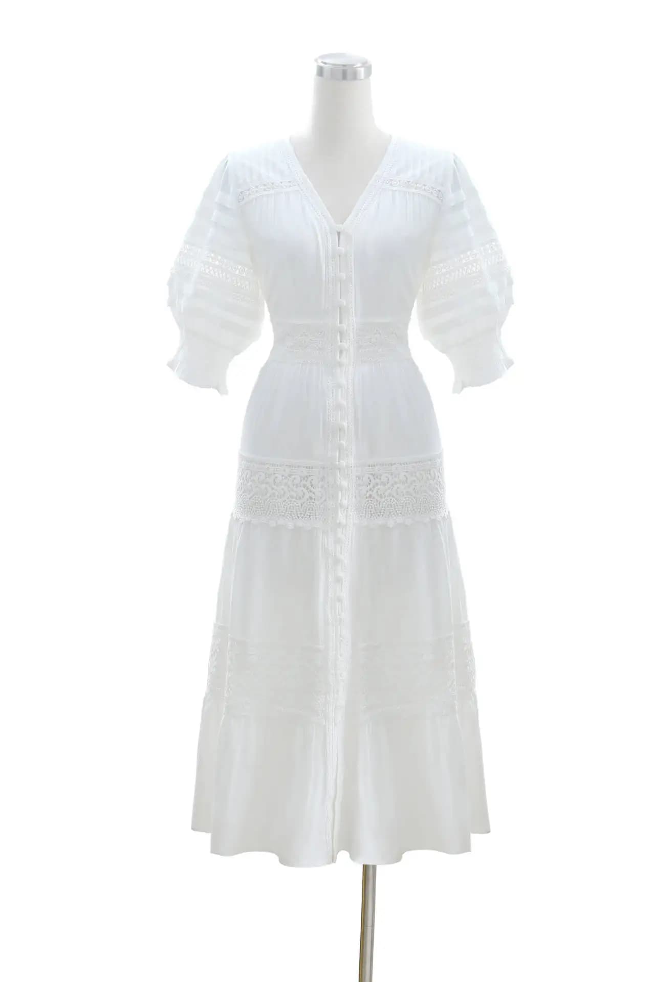 Robe longue en dentelle blanche 100% coton pour femmes, vintage, col en v, manches bouffantes, haute