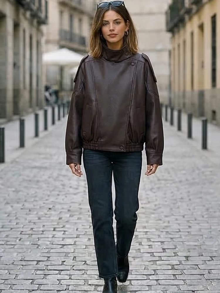 Willshela – vestes en PU pour femmes, fermeture éclair sur le devant, Vintage, col haut, manches lon
