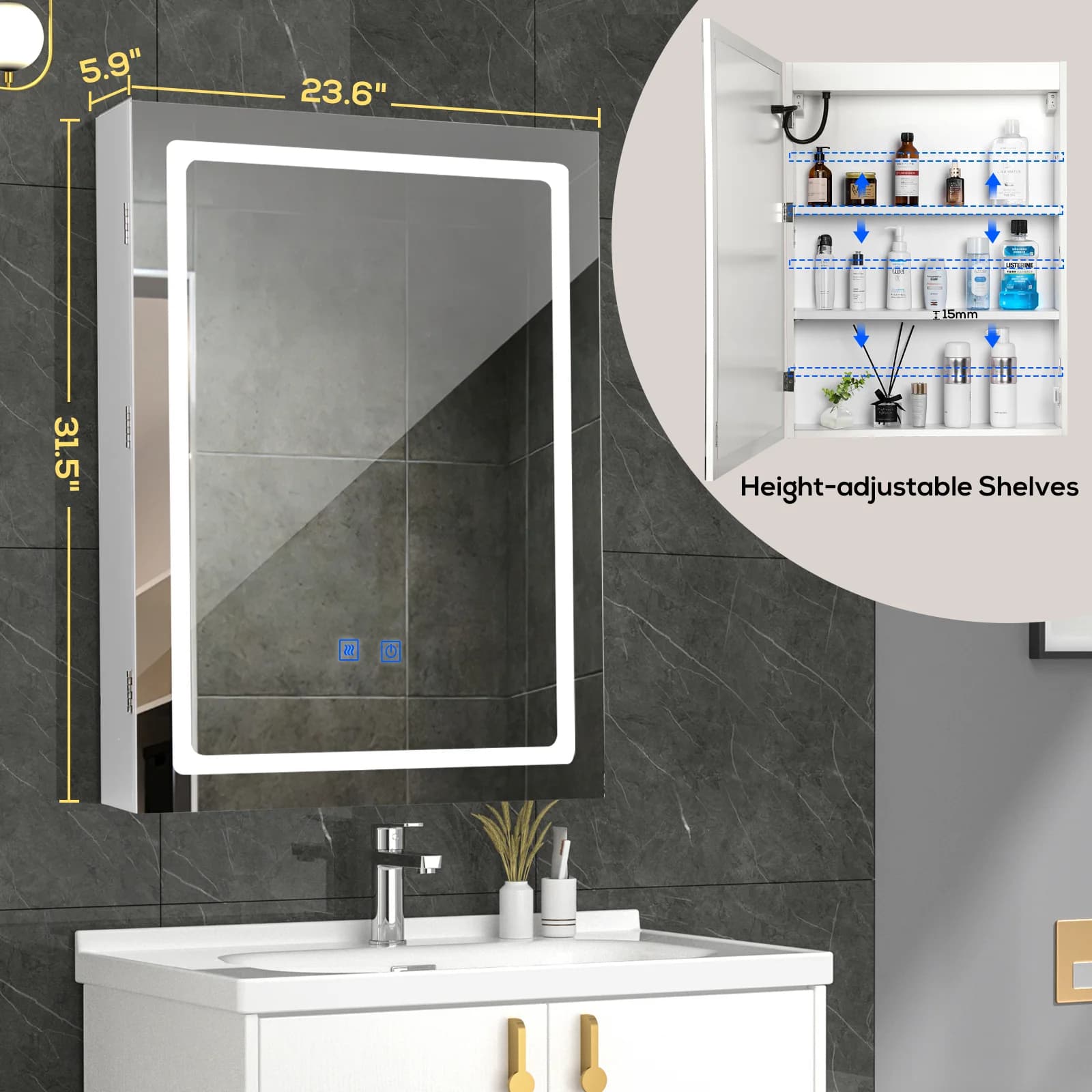 VOWNER HOMedicine-armoire avec lumières LED et miroir, avec étagère réglable, dél'offre buage, mode 