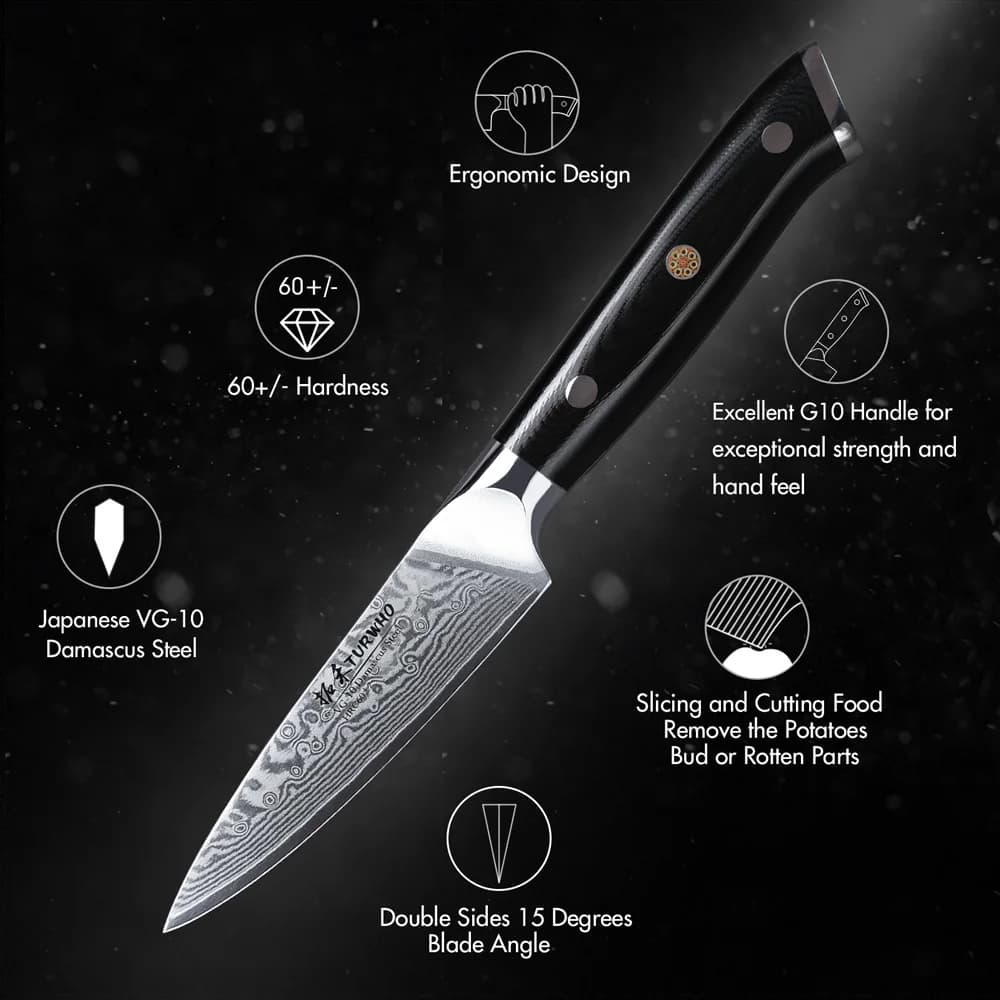 TURWHO-Couteau d'office en acier Damas, noyau en acier VG10, utilitaire pointu, épluchage de légumes