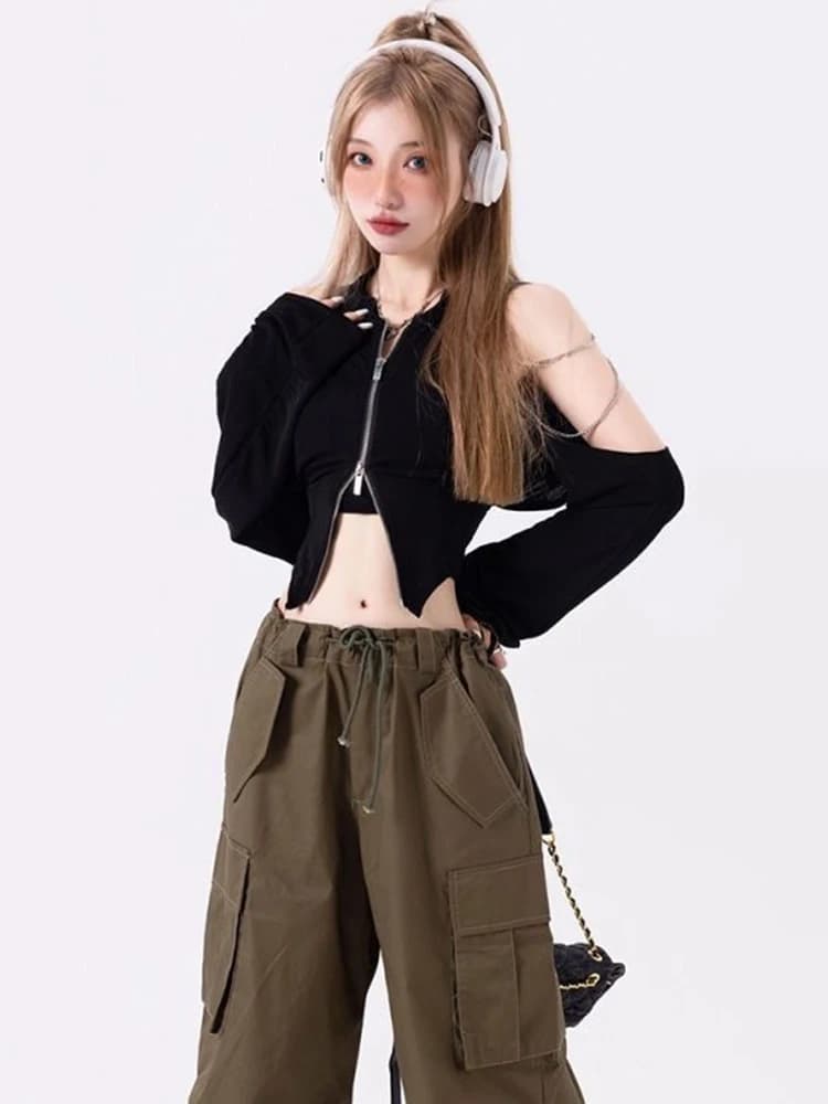 T-shirt à manches longues avec fermeture éclair pour femmes, vêtements à épaules dénudées pour jeune