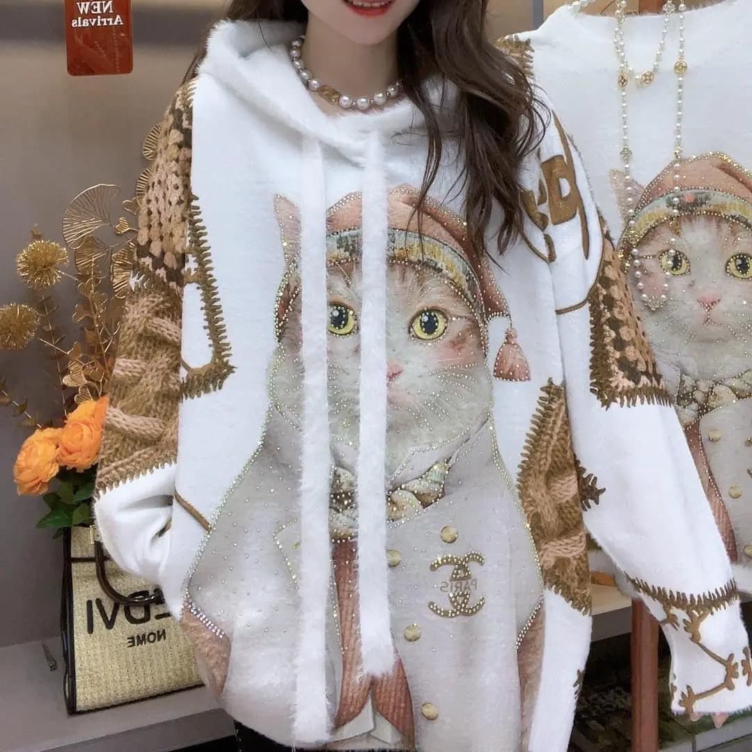 Décontracté Kawaii chat imprimer femmes chandails à capuche à manches longues pulls doux tout Match 