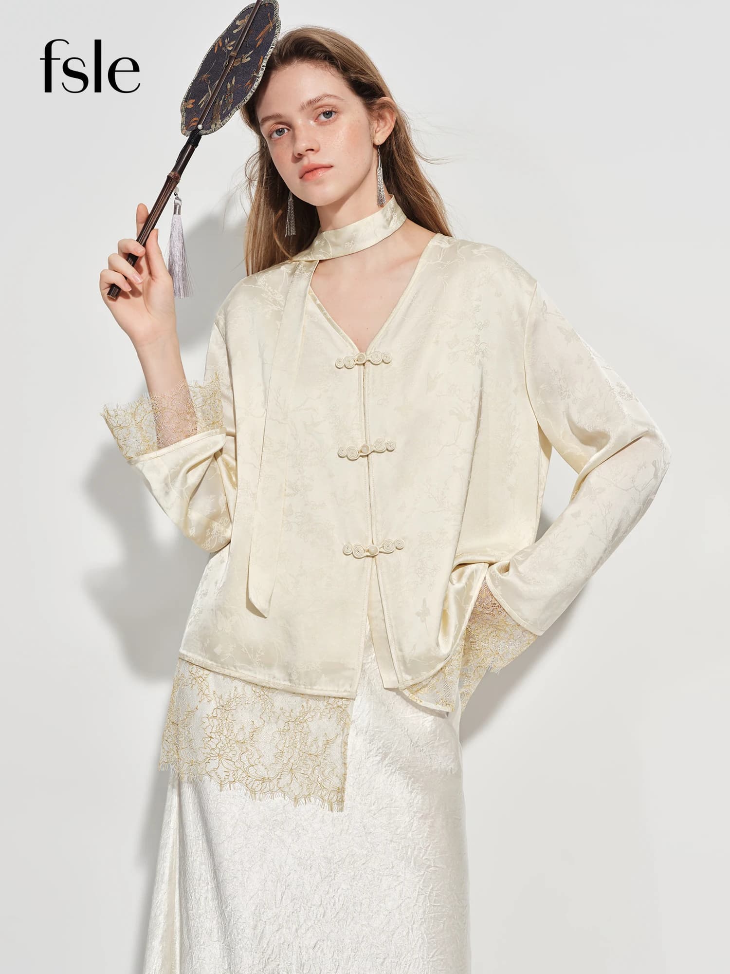 FSLE Nouvelle Blouse Femme en Satin Jacquard d'inspiration chinoise, Col en V, Fermeture à Boutons, 