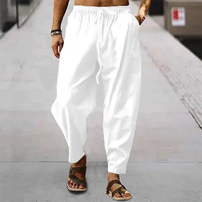 Nouveaux hommes coton lin pantalon été et automne solide taille haute pantalon à jambes larges mâle 