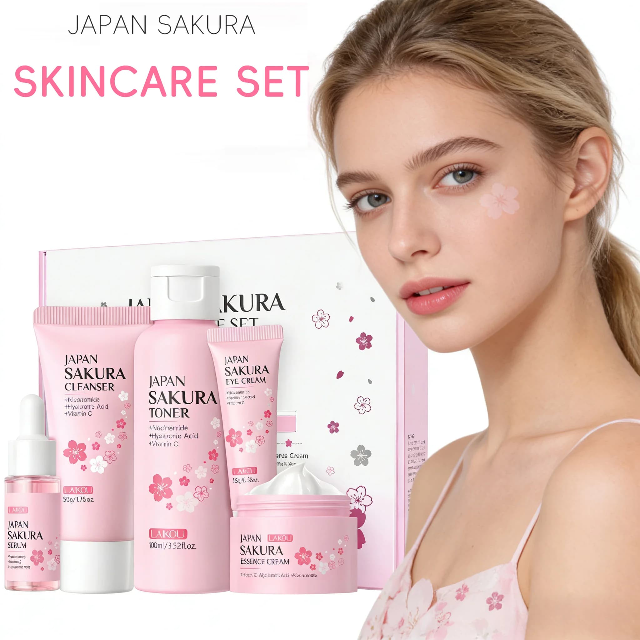 Coffret beauté LAIKOU Sakura 5 pièces : nettoyant, tonique, sérum, crème contour des yeux, crème hyd