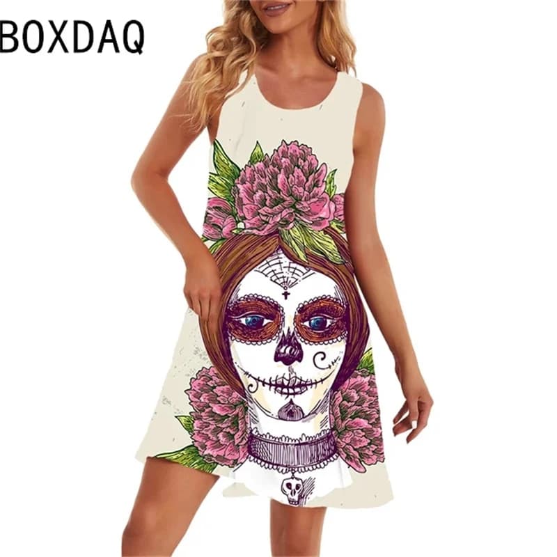 Robe d'été imprimée tête de mort 3D pour femmes, robes de plage en fibre, grande taille, robe trapèz