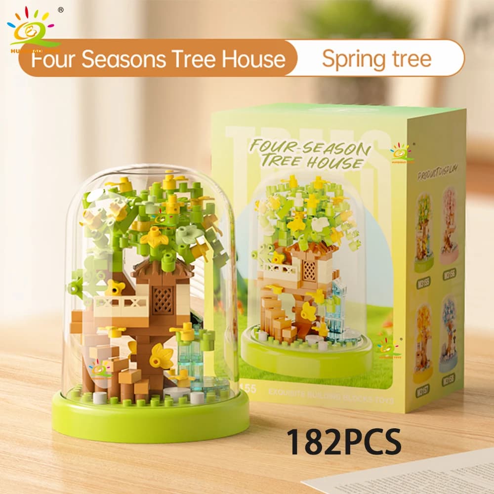 HUIQIBAO MOC Mini maison dans les arbres quatre saisons avec boîte d'affichage modèle Micro bloc de 