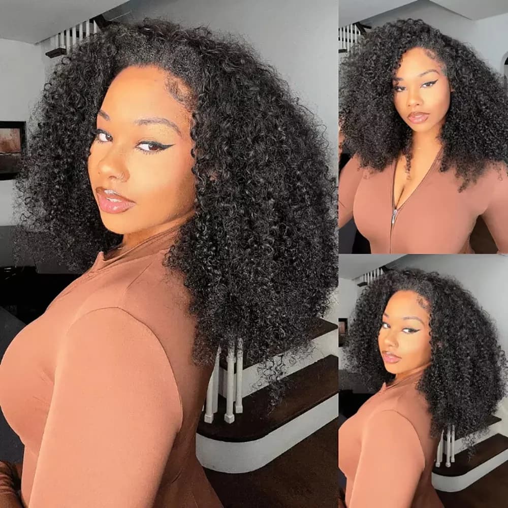Demi-perruque de cheveux humains 3 en 1, sans colle, avec cordon de serrage, bandeau crépu et bouclé