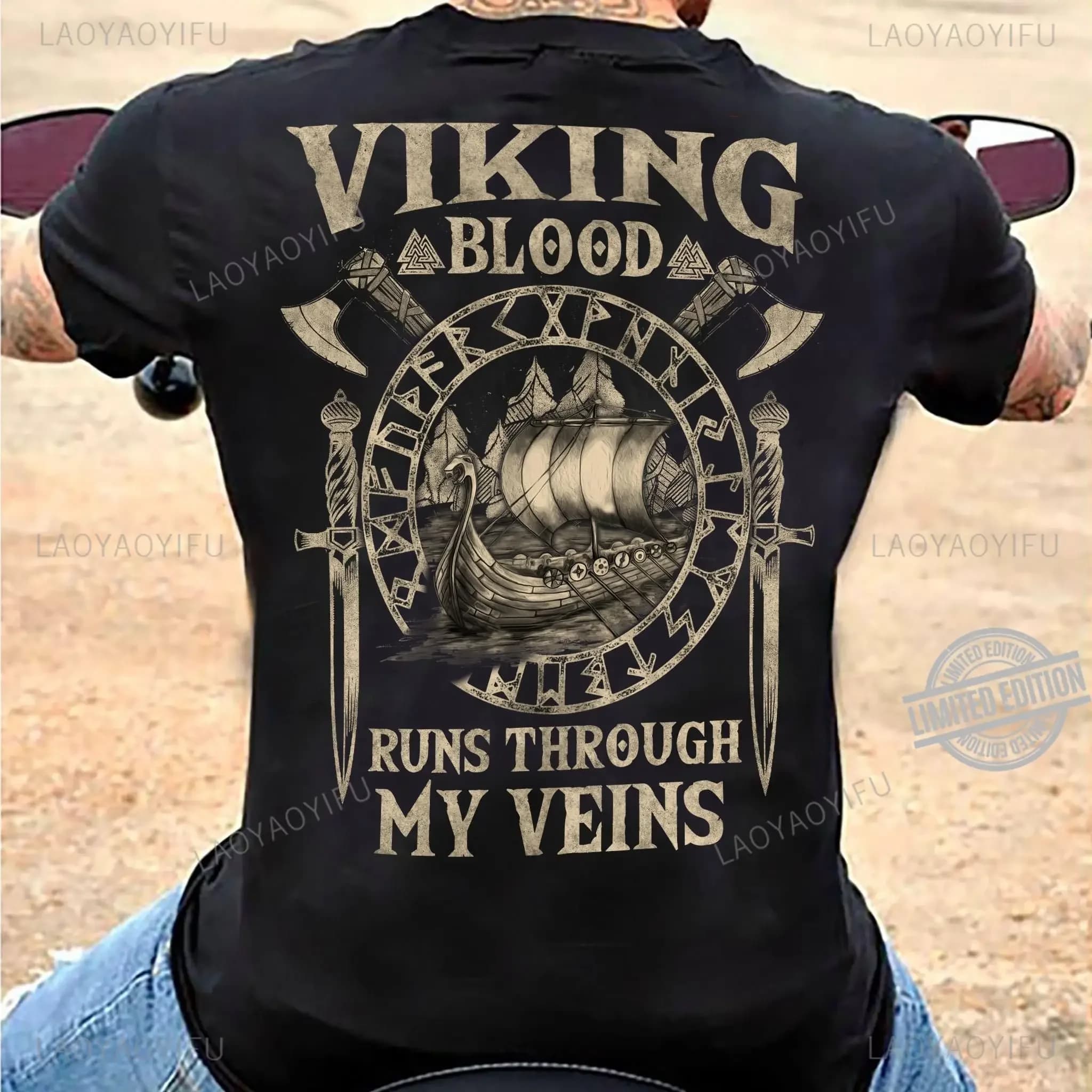 Viking Blood-T-shirt manches courtes pour homme, 100% coton, style légende, rétro, classique, Valhal