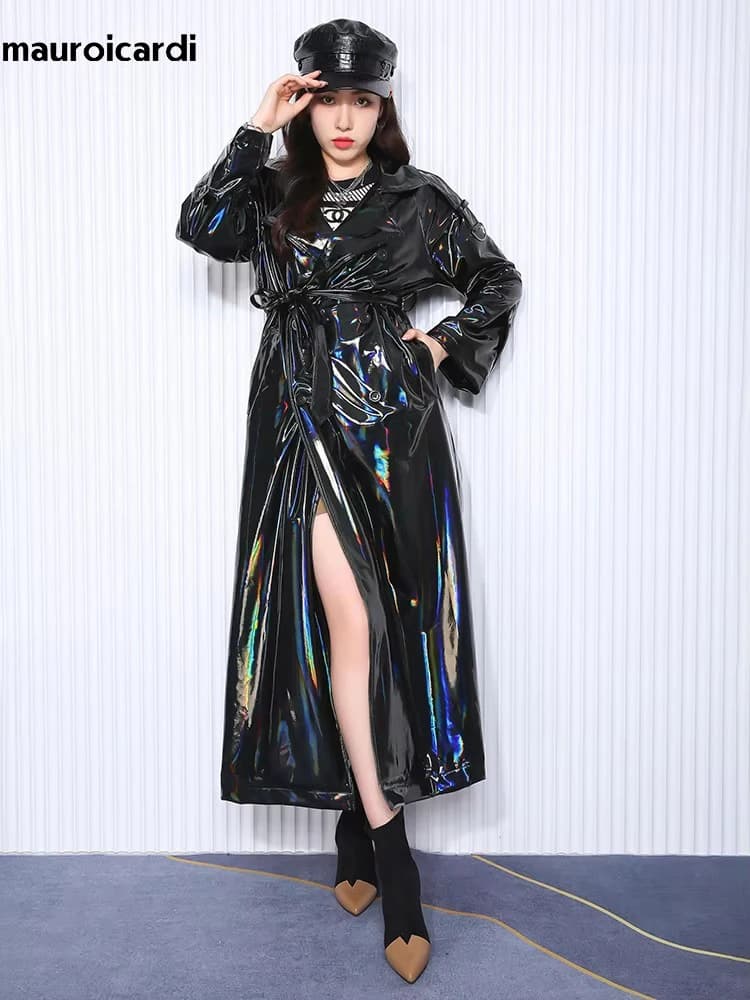 Mauroicardi printemps doux mince fluide brillant réfléchissant holographique noir PVC Faux cuir Tren