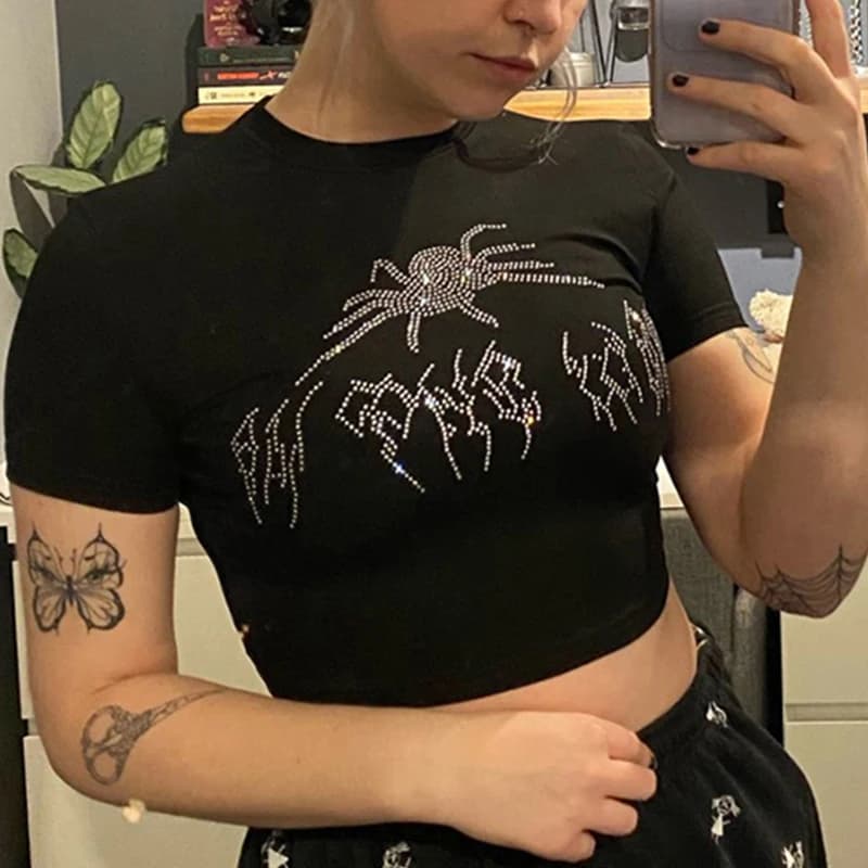 Y2k-T-shirt à Manches Courtes et Col Rond pour Femme, Vêtement d'Été Sexy, Punk, Vintage, Gothique, 