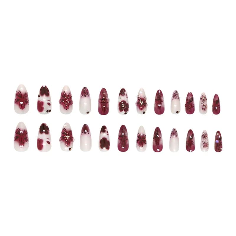 24 pièces fleur impression presse sur ongles vin rouge Blush amande faux ongles conseils portable ré