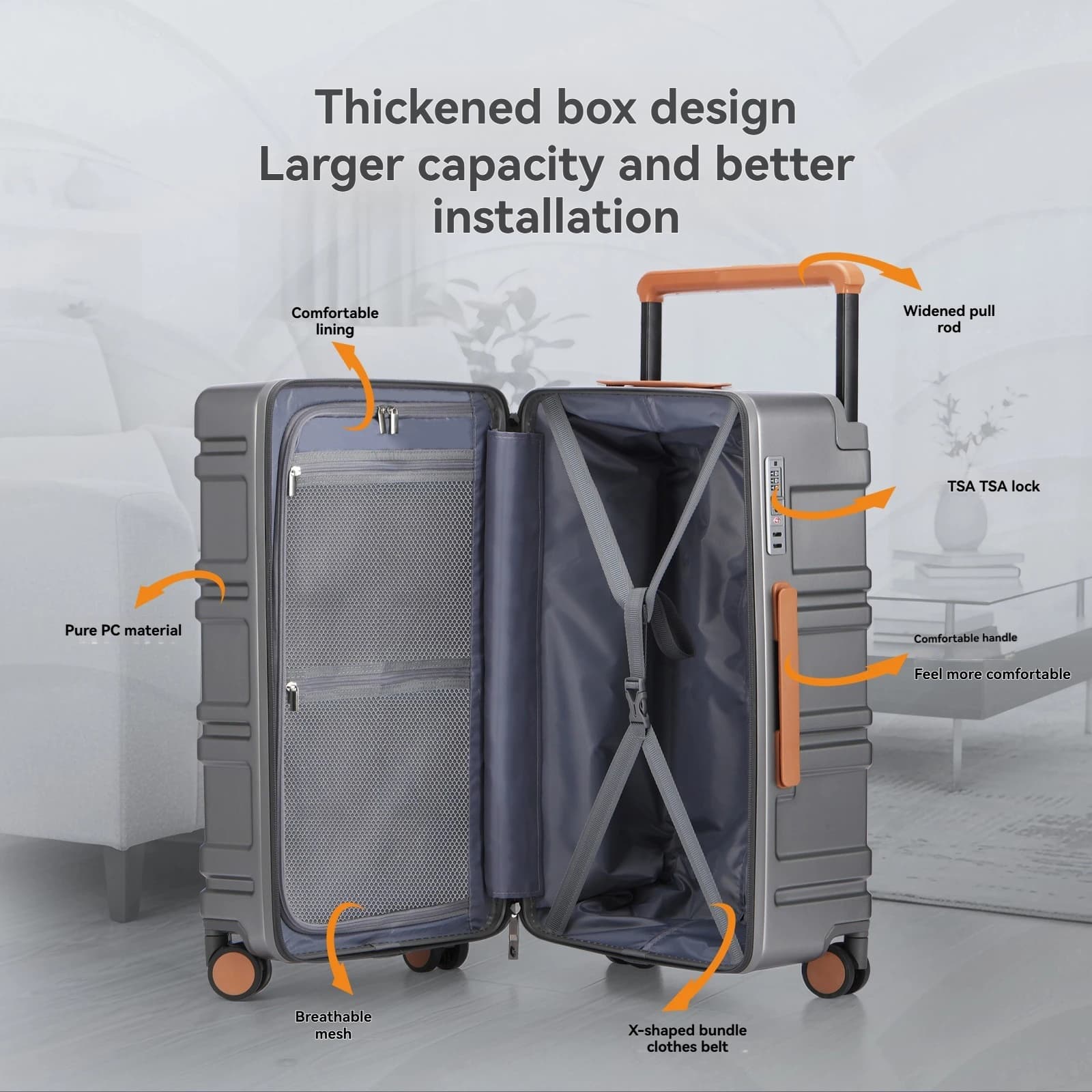 Valise à roulettes grande capacité en PC pur avec poignée large, légère, avec serrure douanière, rou