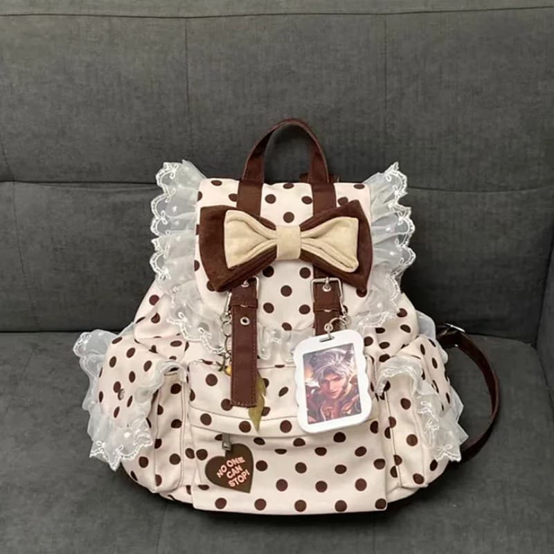 Sac à dos Preppy à pois avec nœud décoratif en dentelle, plusieurs poches, grande capacité, sac simp