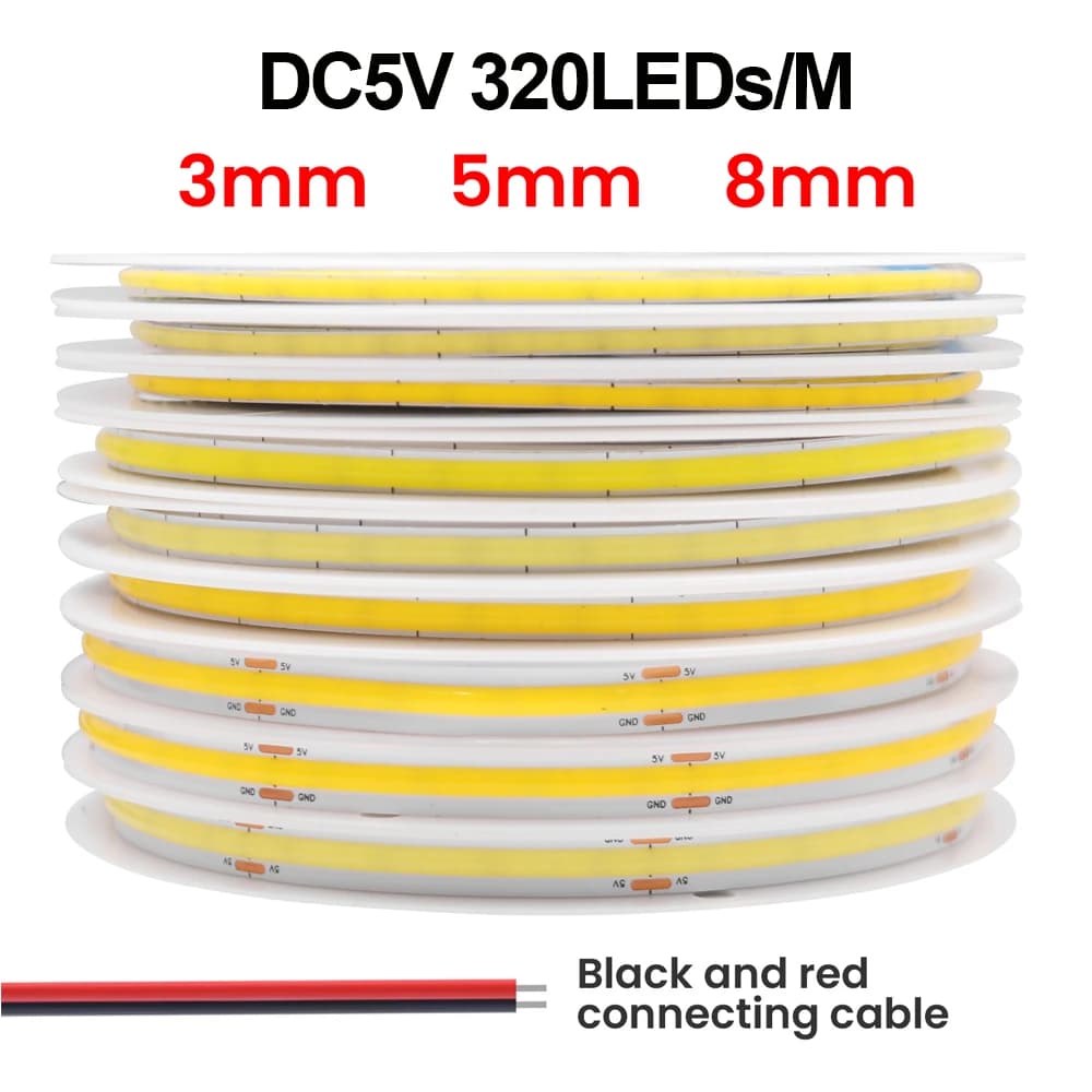 FOB COB LED bande lumineuse DC 5V 12V 320Led/M haute densité ruban Flexible RA90 3000K 4000K 6000K c