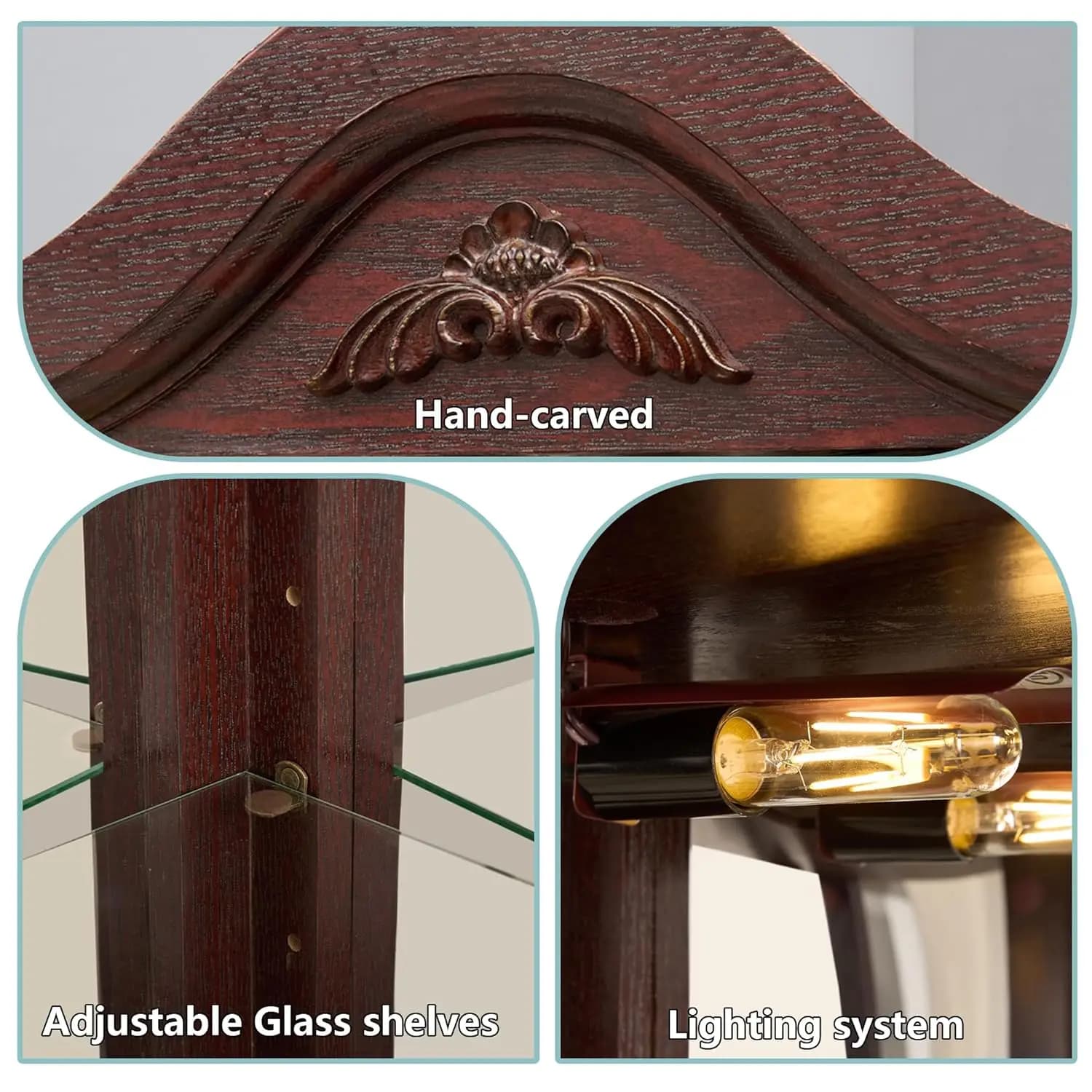 Vitrine d'angle de 71,93'' de hauteur avec éclairage pour salon, vitrine d'angle avec portes en verr