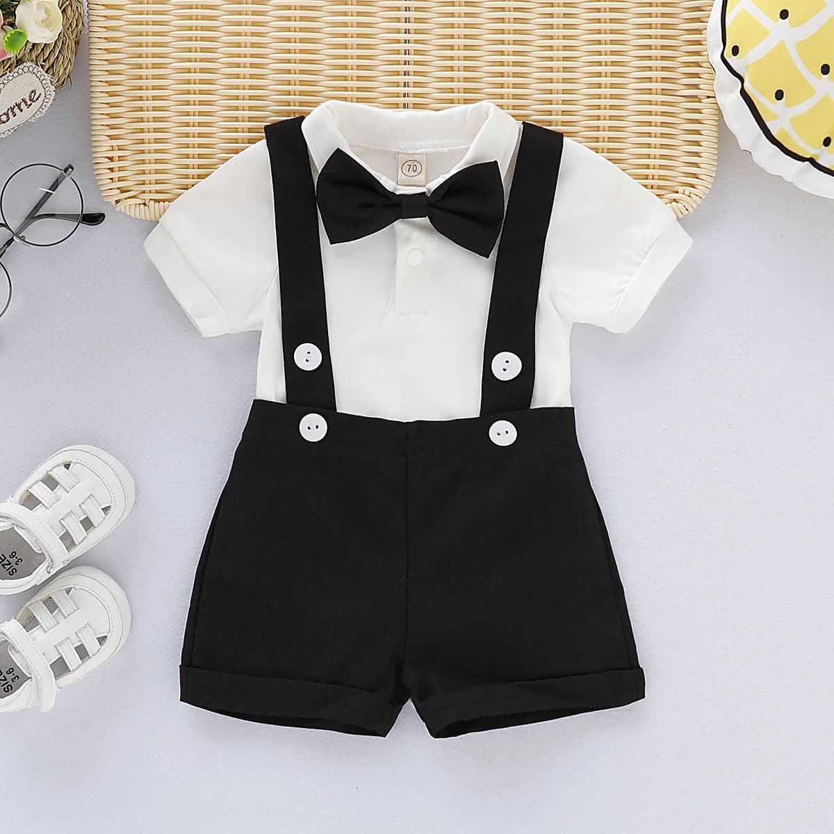 Mini tenue pour homme, Costumes formels pour nouveau-né garçon, chemise à manches courtes avec nœud 