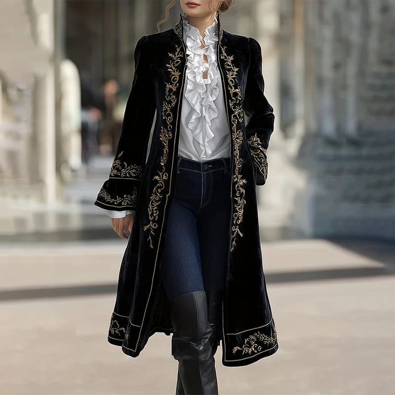 Veste longue en velours fleuri pour femme, col montant, coupe ajustée, manches évasées, blazer vinta
