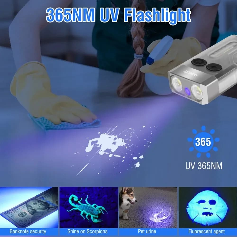 BORUiT V10 1000LM UV LED EDC porte-clés lampe de poche type-c Rechargeable 1000mAh lampe de travail 