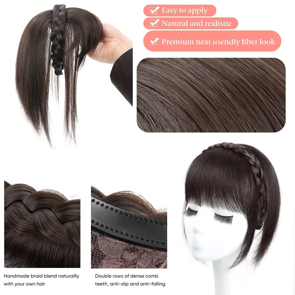 LUPU – bandeau tressé Chic avec frange et frange à clipser, Extensions capillaires synthétiques liss