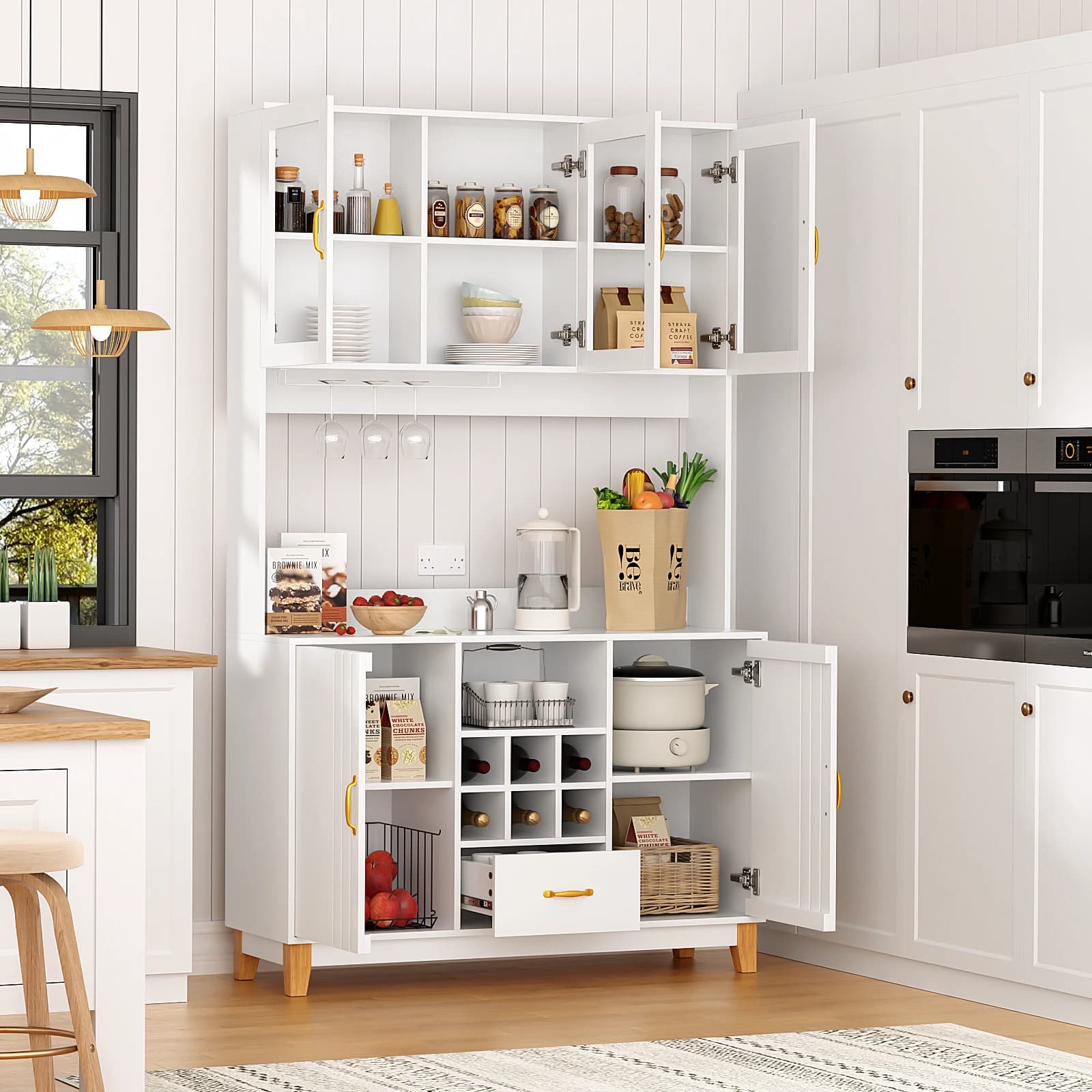 Garde-manger de cuisine haut de 78.7 "avec support pour micro-ondes, clapier autoportant avec porte-