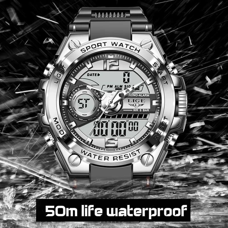 LIGE numérique hommes montre militaire 50m étanche montre-bracelet LED Quartz horloge Sport montre m
