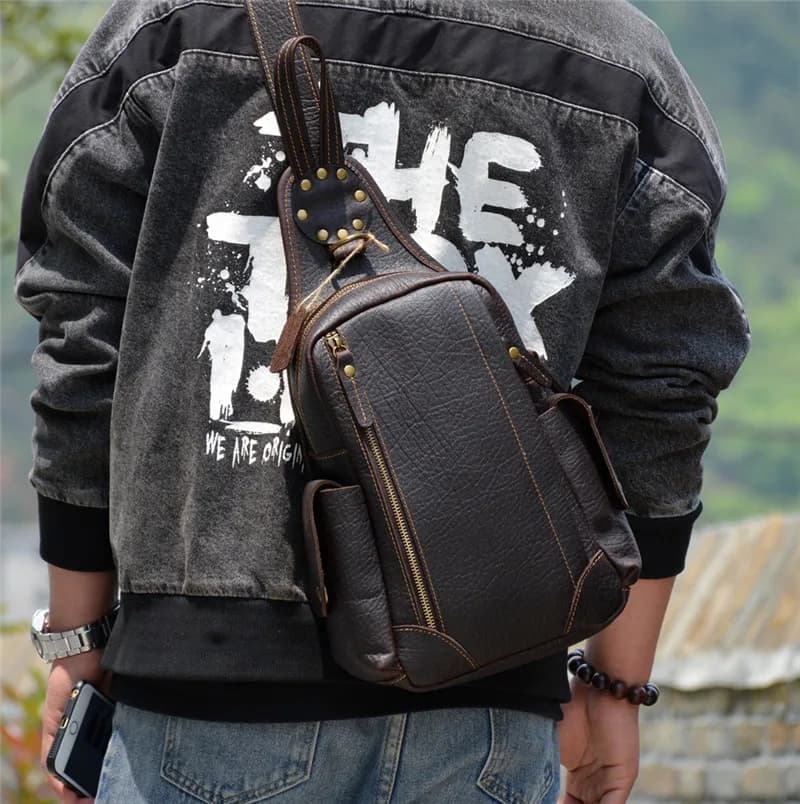 PNDME – sac de poitrine rétro en cuir véritable pour hommes, sac à bandoulière multifonctionnel en c