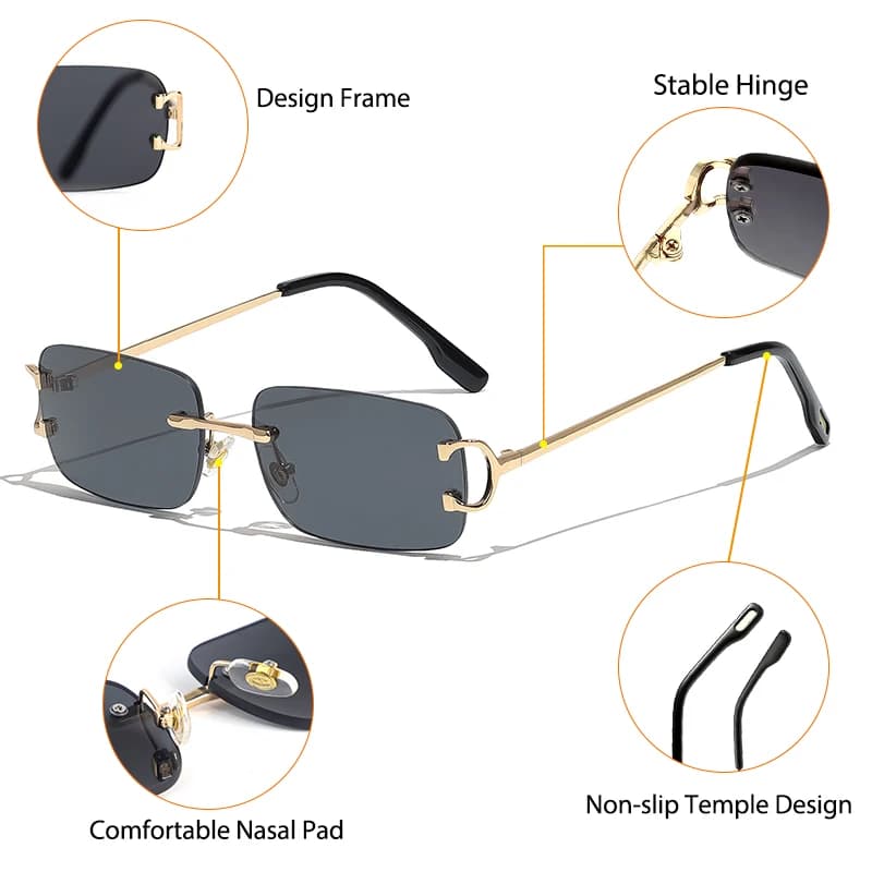 HBK-Petites lunettes de soleil rétro sans monture pour hommes et femmes, rectangulaires en métal, mo